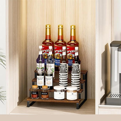 Giikin 4 Tier Spice Rack, Wooden Spice Rack for Countertop, Kitchen Counter Storage Shelves Cupcake Stand Holder Display Stand, Rustic Brown