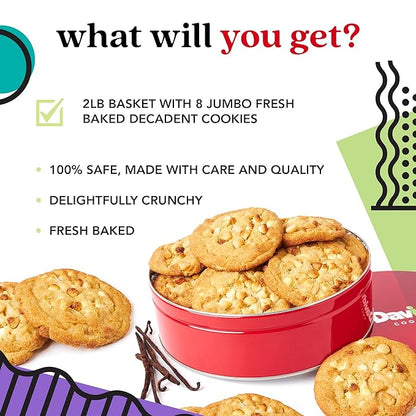 David's Cookies Fresh Baked Decadent Jumbo Vanilla Chip Macadamia Nut Cookies – 2lb Gift Basket Tin with 8 Large Vanilla Cookies – Bakery-Style Soft and Chewy Dessert for Birthdays, Special Occasions