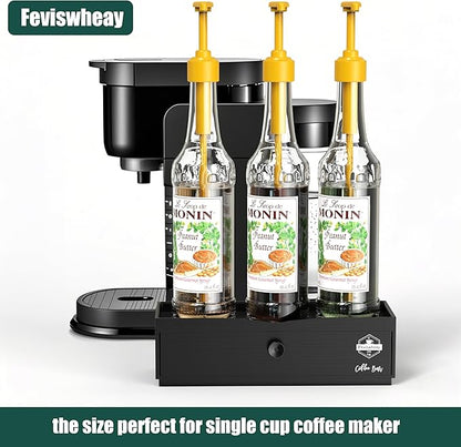 Coffee Syrup Rack Organizer,Syrup Bottle Holder Stand with K Cup Pod Drawer Storage.3 Bottles Storage Shelves for Syrup,Wine,Compact Design for Coffee Bar and Small Spaces