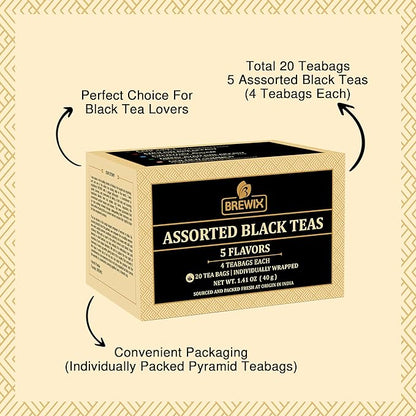 BREWIX Premium Assorted Black Tea Sampler Gift Box with 5 Flavors (20 Pyramid Indivdidually Wrapperd Tea Bags) | Tea Gift Set & Variety Pack | Gifts for Women & Men, Tea Set
