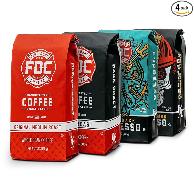 Fire Department Coffee - Gives Back to Firefighters - Rescue Variety Pack - Whole Bean Coffee - Medium, Dark, Shellback Espresso, & Skull Crushing Espresso Beans - Veteran Owned (12oz, Pack of 4)
