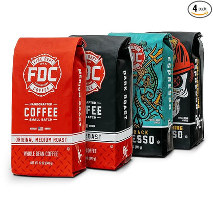 Fire Department Coffee - Gives Back to Firefighters - Rescue Variety Pack - Whole Bean Coffee - Medium, Dark, Shellback Espresso, & Skull Crushing Espresso Beans - Veteran Owned (12oz, Pack of 4)