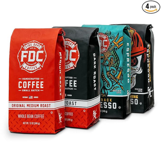 Fire Department Coffee - Gives Back to Firefighters - Rescue Variety Pack - Whole Bean Coffee - Medium, Dark, Shellback Espresso, & Skull Crushing Espresso Beans - Veteran Owned (12oz, Pack of 4)