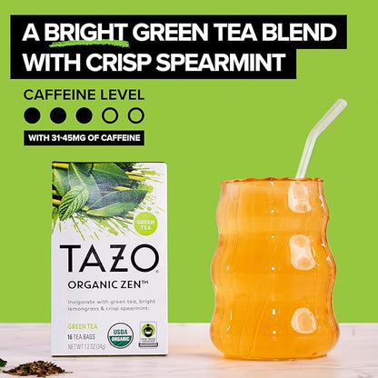 TAZO Organic Zen Green Tea, Green Tea Zen for Health and Wellness, 96 Total Tea Bags (16ct - Pack of 6)