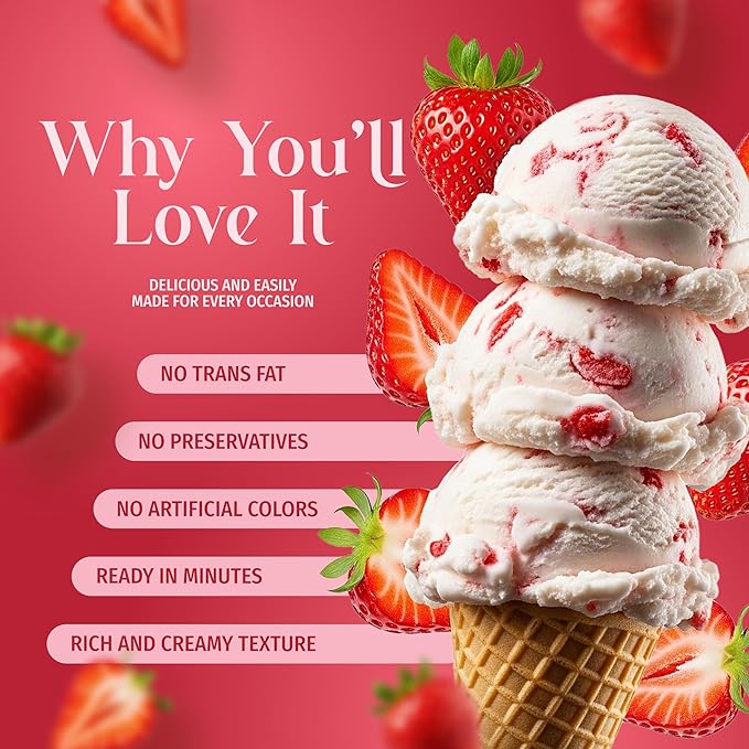 Triple Scoop - Premium Strawberry Ice Cream Mix For Ice Cream Maker. Simple, Easy, Delicious. From Gourmet Mix To Maker in 5 Minutes, Makes 2 Creamy Quarts, Made in USA (1 Pack, Strawberry)