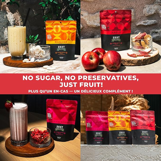 Zest Delites Freeze Dried Fruit Bulk Pack (9.54 Oz), Freeze Dried Strawberries, Bananas, Apple Chips, Healthy Dehydrated Fruit Crisps Variety Pack, No Sugar Added, No Additives, 0.53 Oz x 18 Packs