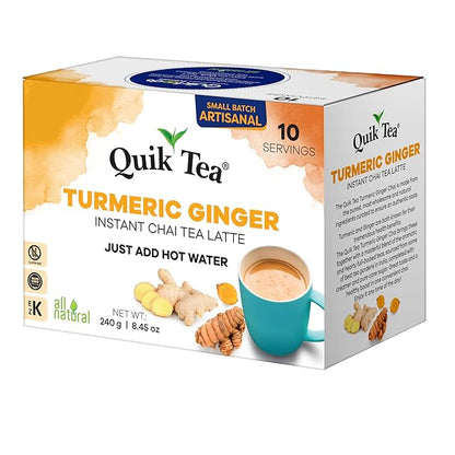 QuikTea Turmeric Ginger Chai Tea Latte - 10 Count Single Box - All Natural Preservative Free Authentic Instant Chai from Assam