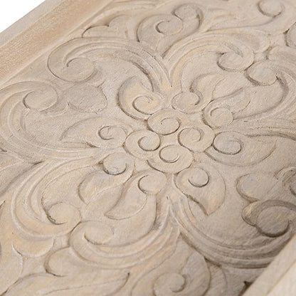 Kate and Laurel Adhira Carved Decorative Rectangle Tray, 24 x 10, Natural Wood, Traditional Display Tray with Handles and Hand Carved Wooden Pattern