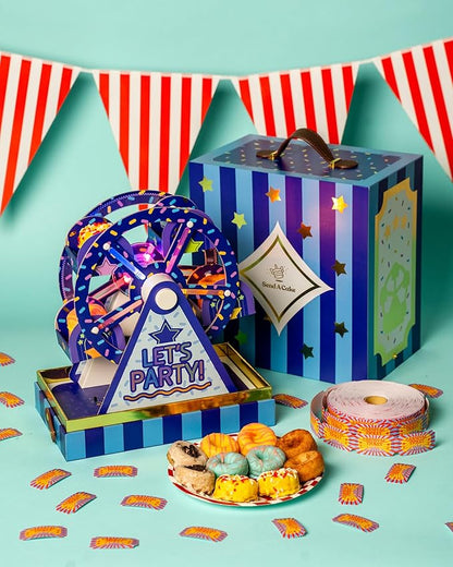 Party Time Mini Donut Ferris Wheel Box by Send A Cake – Ready to Gift, No Assembly Needed – 10 Mini Cake Donuts, Spins, Lights & Music – Fun Birthday & Celebration Gift for Women, Men, Adults, Kids