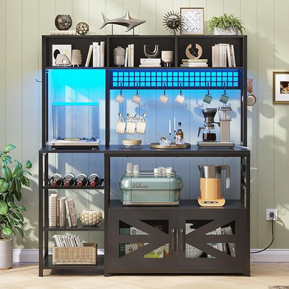 Itaar 47.2 Inch Bakers Rack with Power Outlet, Microwave Stand with Storage, Farmhouse Coffee Bar Cabinet Station with Wine Rack, Iron Grid and 8-S Hooks (Black)