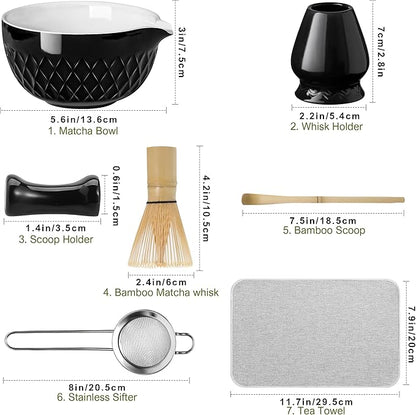 Matcha Whisk Set, 7 Pcs Matcha Kit, Ceramic Matcha Set Includes Matcha Bowl with Spout, Matcha Whisk and Holder, Bamboo Scoop, Scoop Rest, Sifter and Tea Towel (Onyx Black)