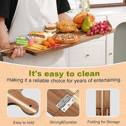 Large Acacia Charcuterie Board Wood Charcuterie Boards with Handles Foldable Travel Wooden Serving Cheese Boards for Party Food Appetizers Housewarming Gift Meat Party (23.6 x 8.7inch)