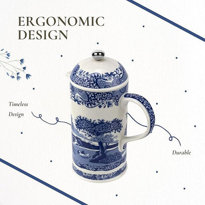 Spode Blue Italian French Press | 28-Ounce Capacity | Espresso, Coffee, and Tea Maker | Porcelain Cafetiere | Stainless Steel Plunger | Dishwasher Safe (Blue/White)