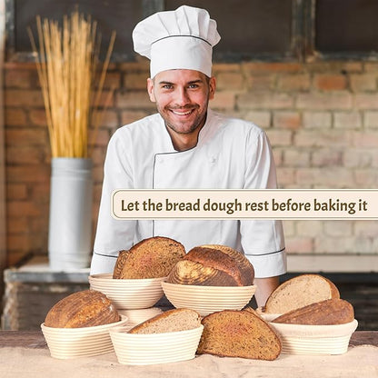 Sourdough Bread Baking Supplies Starter Kit, Banneton Proofing Basket 9'' Round, Sourdough Starter Jar, Scraper, Scoring Lame, Brush, Short Danish Whisk, Gift Set