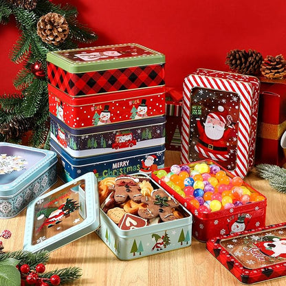 Tioncy 8 Pcs Christmas Cookie Tins with Lids Large Cookie Boxes Metal Empty Tins Santa Tinplate Xmas Gift Box for Christmas Holiday Candies Treats Storage Container (Novel)