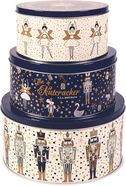 Steel Mill & Co Tin Containers with Lids, 3 Pack Christmas Cookie Tins, Festive Cookie Tins for Gift Giving & Holiday, Large Medium Small (The Nutcracker)