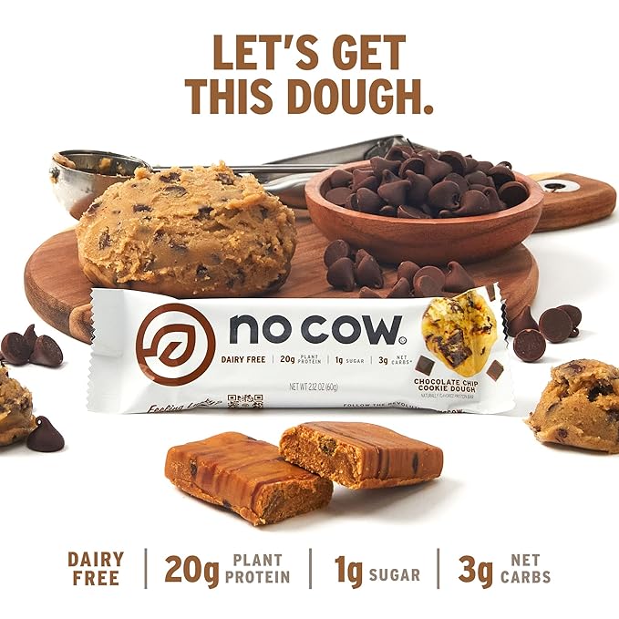 No Cow Vegan Protein Bars, Upgraded Chocolate Chip Cookie Dough | 20g Plant Based Protein, Gluten Free, Dairy Free, Soy Free, Keto Friendly, Low Sugar, High Fiber Snack Bars | Pack of 12
