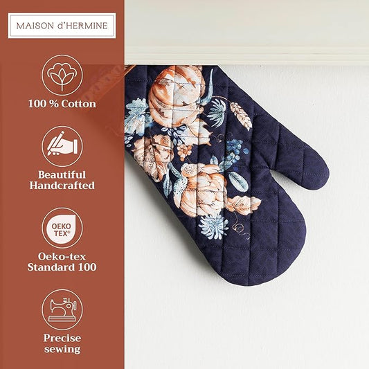 Maison d' Hermine Oven Gloves 100% Cotton Oven Mitt 7" x 13" with Loop Heat Resistant, BBQ, Cooking Gloves, Baking, Grilling, Kitchen, Handling Hot Pans (Pack of 1, Pumpkin Blues)