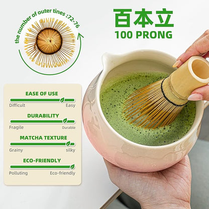 TEANAGOO 7 Pcs Matcha Whisk Set, Pink Matcha Set, Ceremony Matcha Powder Kit,Matcha Tea Set for Making Latte,Matcha Whisk Set and Bowl with Scoop&Sifter,Fuji Design Ceramic Bowl,Gift for Matcha Lovers