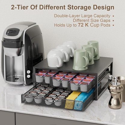 Coffee Pod Holder For Counter, 3 Pull-Out 72 K-Cup Holder Drawer, Wooden Cafe Pods Storage Organizer with Sliding Drawers for Coffee Station, Home, Kitchen, Office, Dorm, Black