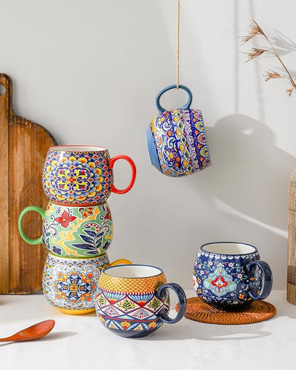 HENXFEN LEAD Boho Coffee Mugs 20 Ounce - Porcelain Cups for Latte, Tea, Cappuccino, Cocoa, Soup, Dishwasher, Microwave Safe, Christmas Gift Set of 6 - Bohemian Style