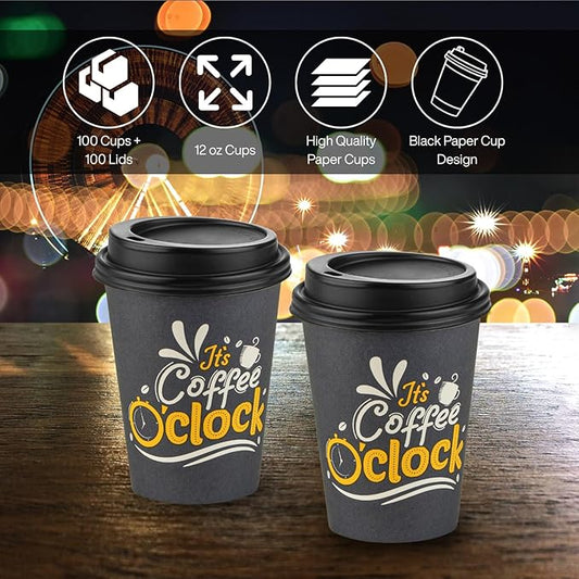 Smygoods Disposable Coffee Cups with Lids, To Go Paper Hot Cups, Coffee O'Clock Design (12 OZ, 100 Count) For Hot Beverages, Coffee, Tea, Espresso, Cocoa - Vasos Para Cafe