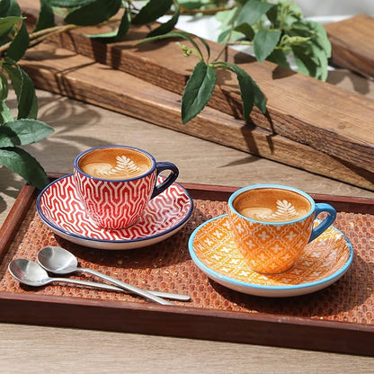 Selamica Ceramic 2 oz Espresso Cups, Small Expresso Coffee Cup Set with Saucers, Porcelain Mini Demitasse Cups for Latte Mocha Tea, Set of 6, Assorted Colors