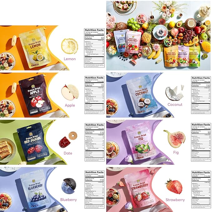 SUNGIVEN Mixed Freeze Dried Fruit for Beauty, Variety Pack of 12 Bag, 7 Kinds of Fruit, Health Snack, Rich in Vitamins, Apple Strawberry Blueberry Lemon Coconut Fig Red-Dates, No Sugar Added, 9.7 oz