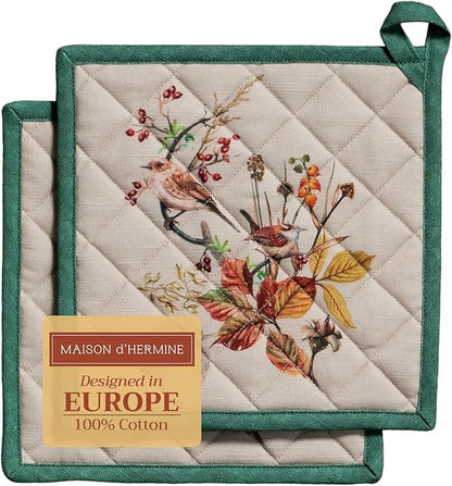Maison d' Hermine Pot Holders Set 100% Cotton Heat Resistant Potholders 8" x 8" Hot Pads with Loop BBQ, Cooking, Baking, Grilling, Kitchen, Handling Hot Pans (Pack of 2, Recolte)