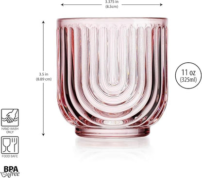 Glaver's Double Old Fashioned Rock Glasses, Set of 4 Blush Pink Whiskey Glasses, 11 oz Art Deco U-Shape Design Embossed Everyday Home Bar Glassware.