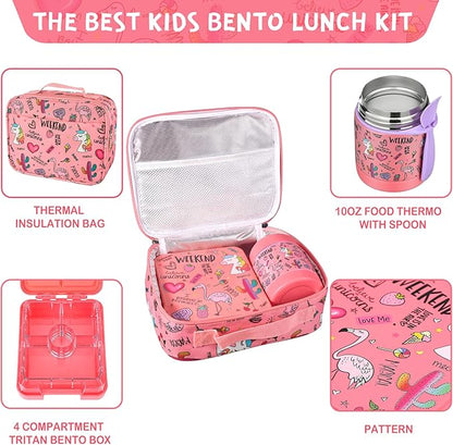 Bento Lunch Box Set With 10oz Soup Thermo, Leak-proof Lunch Containers with 4 Compartment, Kids Hot Thermo Food Jar/Insulation Lunch Bag, Food Containers for School（Flamingo）