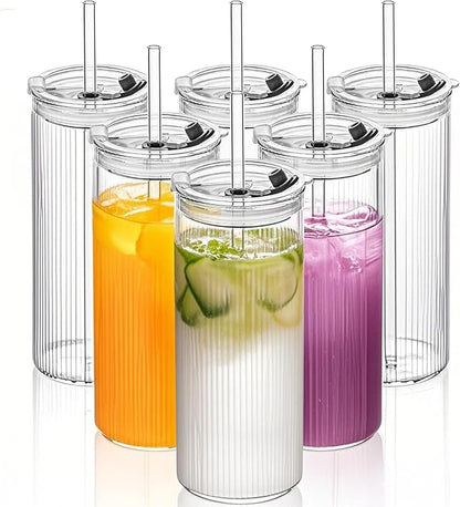 KEMORELA 6-Pack 18oz Ribbed Glass Cups with Lids & Straws – Round Textured Drinking Glasses for Iced Coffee, Bubble Tea, Juice & Smoothies – Reusable Clear Tumblers with Leakproof Lids & Straws