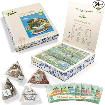 Lazika Herbal Tea Variety Pack with Lovely Presentation Box, 54 Counts, Immune Support Tea Assortment Gift Set, Premium Collection with Pyramid Infuser Bag, Handcrafted