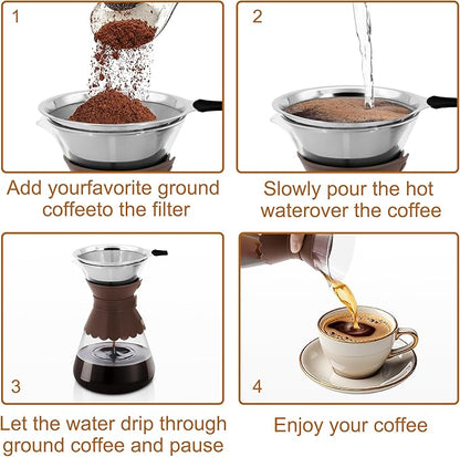 34oz Pour Over Coffee Maker with Double Layer Stainless Steel Filter, Borosilicate Glass Dripper, Detachable Heat-Resistant Leather Pad 7-8 Cups Coffee Maker Carafe（Dark brown）