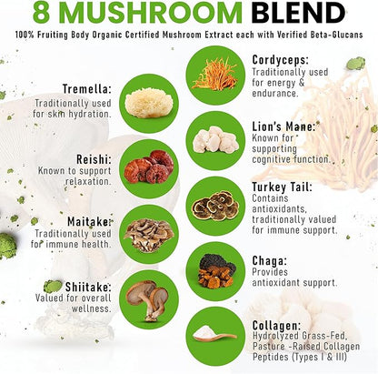 PowderVitamin Organic Ceremonial Mushroom Matcha Certified Pesticide-Free Grass-Fed Collagen Types I & III 8 Fruiting Body Mushrooms Tested for Beta-Glucans Focus Digestion & Immunity 30 Servings