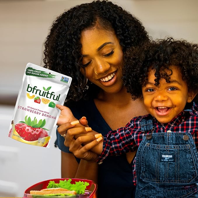 bfruitful Freeze-Dried Strawberry Banana, Freeze Dried Fresh Fruit Bites, Gluten Free, Vegan, Dairy Free, Kosher, No Sugar Added, Non GMO, Healthy Snacks for Kids or Adults, 0.56 oz Single-Serve Snack Packets, 12 Pack