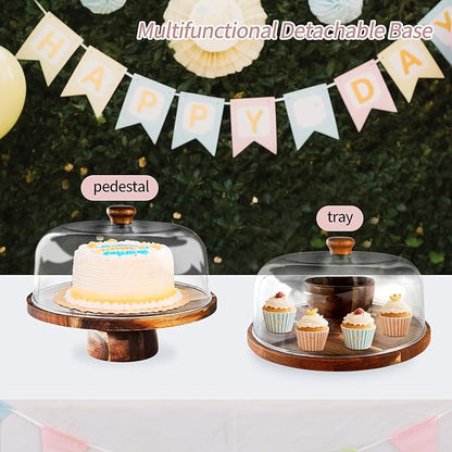 Wood-Cake-Stand With Acrylic Dome Lid, Round Wooden Cake Holder Plate With Cover, 2-in-1 Dessert Table Display Set For Party, Charcuterie Board For Cheese, Chips & Dips, Nachos, Fruit Platter