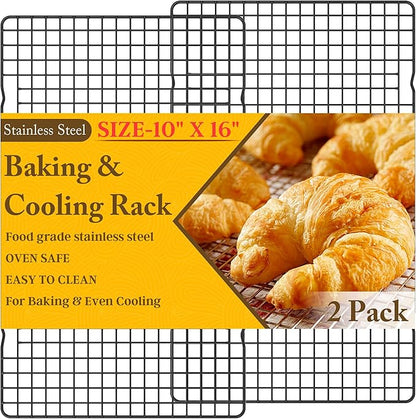 2PCS Cooling Racks for Cooking and Baking - 10" x 16"Heavy Duty Stainless Steel Wire Rack for Baking, Grilling, Roasting - Oven & Dishwasher Safe - Fits Half Sheet Pan（Black）