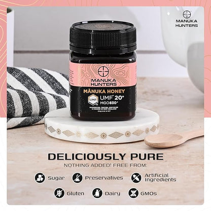 Manuka Hunters UMF 20+/MGO 830+ Certified New Zealand Manuka Honey - 100% Pure Natural Sweetener - Gluten, Dairy Free - Ideal for Tea, Coffee, Smoothies, and Baking - Sustainable - 8.8oz/250g Jar