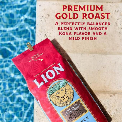 Lion Coffee Premium Gold Roast Whole Bean Coffee, 10% Kona Blend, Medium-Light Roast, A Taste of Aloha - 24 Ounce Bag