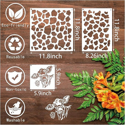 Leopard Print Cow Stencils - Reusable Animal Print Stencils for Painting, Wood Burning, DIY Art Craft on Fabric, Canvas, Furniture (11 Pieces)