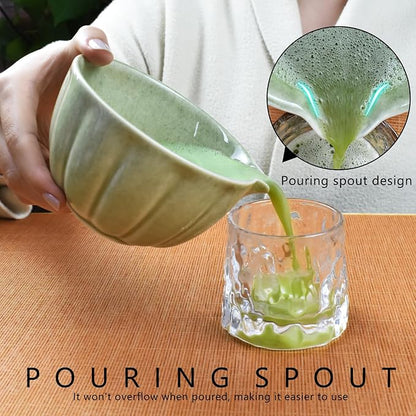 Artcome 7 Pcs Japanese Matcha Tea Set - Matcha Bowl with Pouring Spout, Matcha Whisk, Tea Scoop, Whisk Holder, Handmade Matcha Ceremony Kit For Japanese Tea Ceremony, Mottled Green