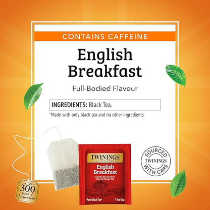 Twinings English Breakfast Black Tea Individually Wrapped Bags, 25 Count (Pack of 6), Flavourful, Robust Black Tea, Caffeinated, Enjoy Hot or Iced, 150 Teabags