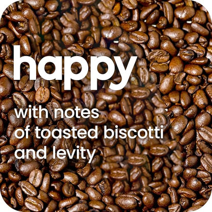 happy coffee light roast coffee pods, 10 count, notes of toasted biscotti and levity, compatible with most K-cup brewers, rainforest alliance certified