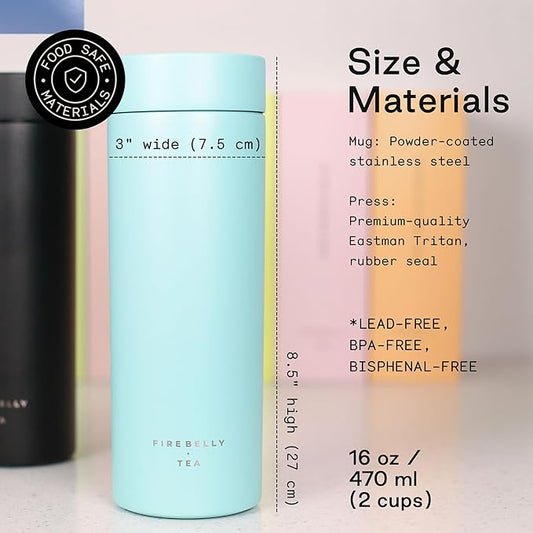 Firebelly Tea, Travel Tea Infuser Mug with Strainer, Insulated Tumbler for Loose Leaf Tea or Coffee, Leakproof Bottle for Hot or Iced Drinks, Stainless Steel Thermos with Lid, Mer