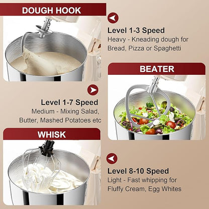 10-Speed Stand Mixer with 8-in-1 Splash Guard, Tilt-Head, 6QT Stainless Steel Bowl + Dishwasher-Safe Dough Hook/Whisk/Beater/Spatula for Baking Bread, Cakes, Cookies, Beige