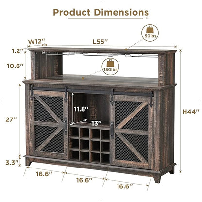 OKD Farmhouse Coffee Bar Cabinet with LED Lights, 55" Wine Bar w/Sliding Barn Door & Wine and Glass Rack, Kitchen Buffet Cabinet w/Storage Shelves for Dining Room,Dark Rustic Oak