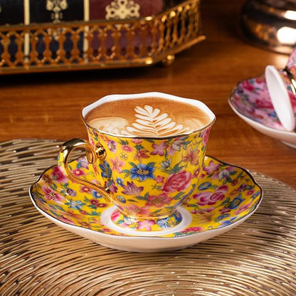 KAMMAK Tea Cups and Saucers Set of 2, Porcelain Coffee Cups with Saucer for Espresso, Cappuccino, 6.3oz Vintage Pink and Yellow Ceramic Demitasse Mug for Home, Tea Party, Office