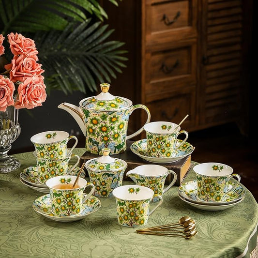 ACMLIFE Tea Set for Adults- Fine China Tea Set for 6, 21-Piece Vintage Coffee Set English Porcelain Tea Pot Sets for Adult Tea Party for Women Gift (Fruits Green, Extra Large 21)