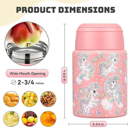 Soup Thermo for Hot Food Kids 16oz Insulated Food Jar Leakproof Thermo Lunch Container for Kids Wide-Mouth Stainless Steel Lunch Box for School with Handle Folding Spoon(3+)